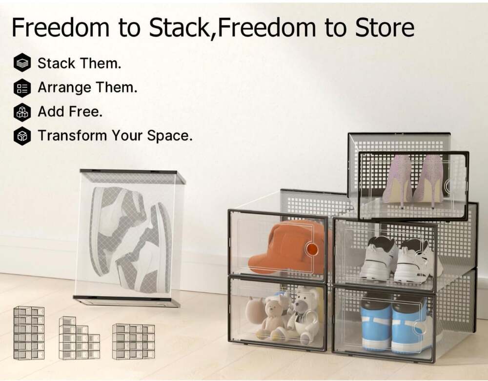 Clear Stackable Plastic Shoe Storage Boxes, 12 Pack Modular Sneaker Containers